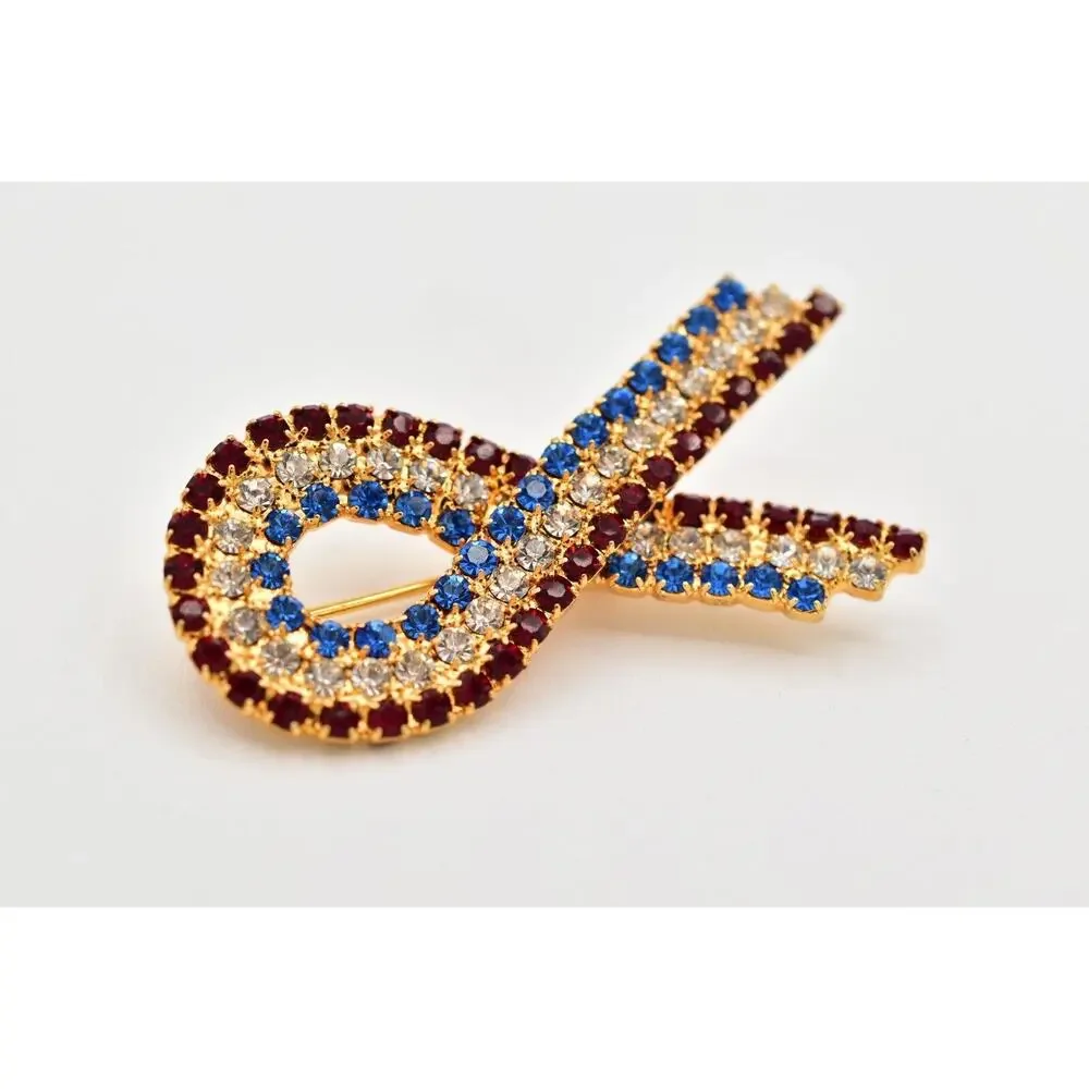 Vintage Crystal Ribbon Bow Pin Brooch Red Blue Crystal Flag Patriotic USA BinBG